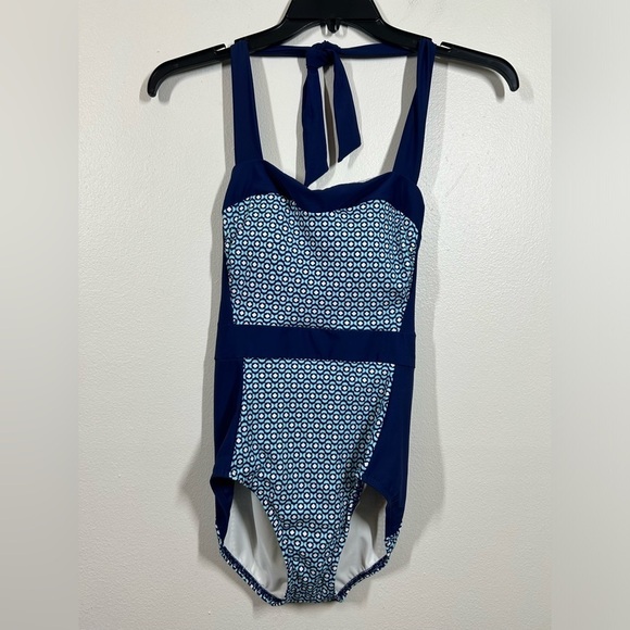 Talbots One Piece Swimsuit Halter Tie Built In Bra Spandex NWT Size 6 Blue/White - Picture 1 of 12